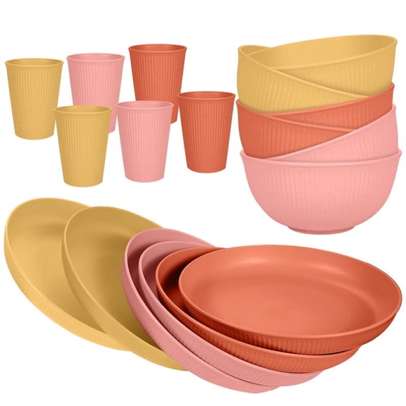 XmhyTop-A 18-Piece Dinner Plate Set - Dinnerware Sets for Family Meals, Kitchen Dishes Set with Wheat Straw Material, Service for 6,Yellow+Orange+Pink