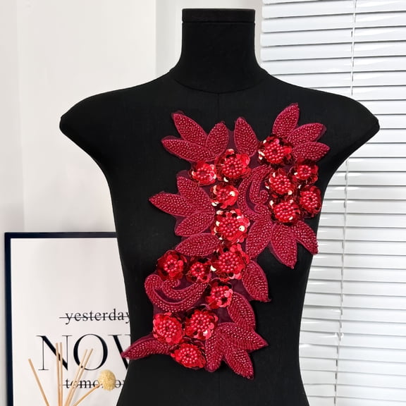 XmhyTop-A 2-Pack Flower Beaded Lace Applique, Sew on Motif for Bridal Evening Dresses, Vintage Bridal Beaded Lace for Wedding Decor Gowns,Dark Red A