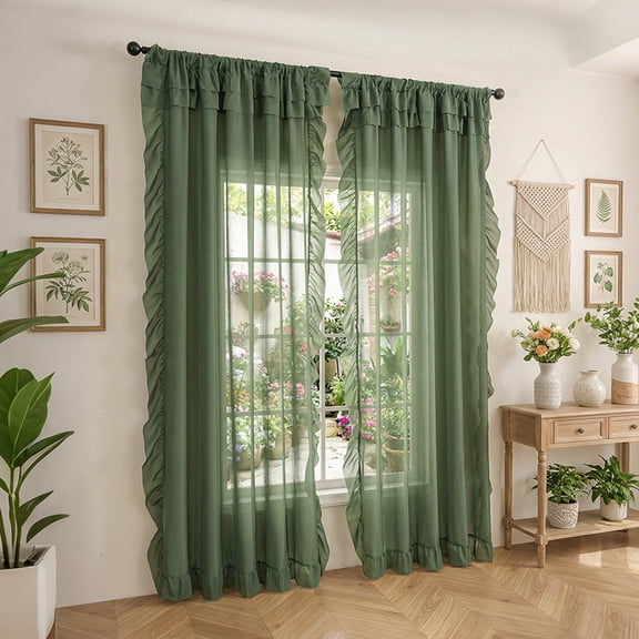 XmhyTop-A 2-Pack Sheer Ruffle Window Curtain Panels, 140x180cm Farmhouse Cottage Curtains, Flowy Ruffled Bedroom Curtains, Semi-Sheer Panels,Green
