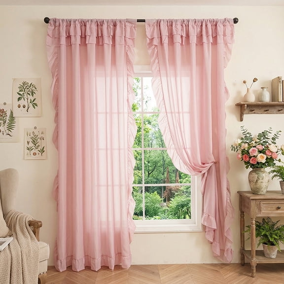 XmhyTop-A 2-Pack Sheer Ruffle Window Curtain Panels, 140x180cm Farmhouse Cottage Curtains, Flowy Ruffled Bedroom Curtains, Semi-Sheer Panels,Pink