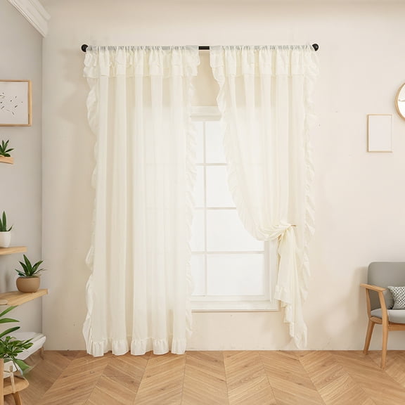 XmhyTop-A 2-Pack Sheer Ruffle Window Curtain Panels, 140x220cm Farmhouse Cottage Curtains, Flowy Ruffled Bedroom Curtains, Semi-Sheer Panels,Beige