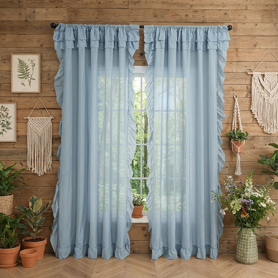 XmhyTop-A 2-Pack Sheer Ruffle Window Curtain Panels, 140x220cm Farmhouse Cottage Curtains, Flowy Ruffled Bedroom Curtains, Semi-Sheer Panels,Blue