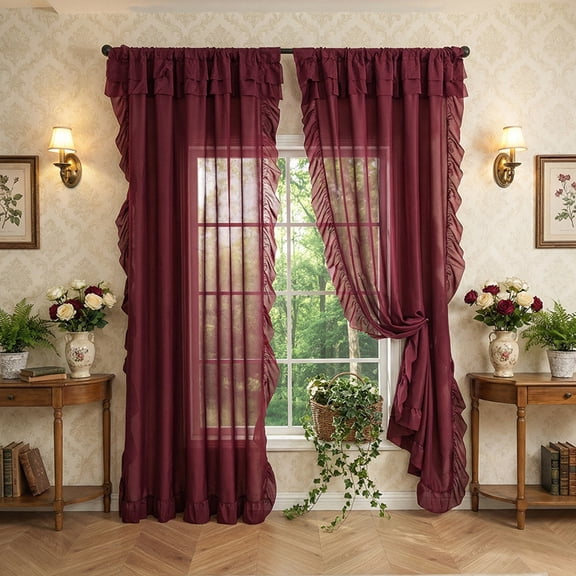 XmhyTop-A 2-Pack Sheer Ruffle Window Curtain Panels, 140x220cm Farmhouse Cottage Curtains, Flowy Ruffled Bedroom Curtains, Semi-Sheer Panels,Dark Red