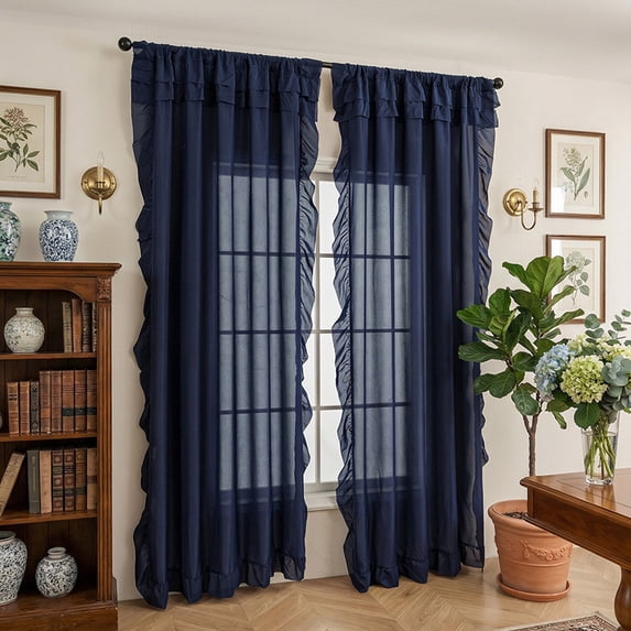 XmhyTop-A 2-Pack Sheer Ruffle Window Curtain Panels, 140x260cm Farmhouse Cottage Curtains, Flowy Ruffled Bedroom Curtains, Semi-Sheer Panels,Dark Blue