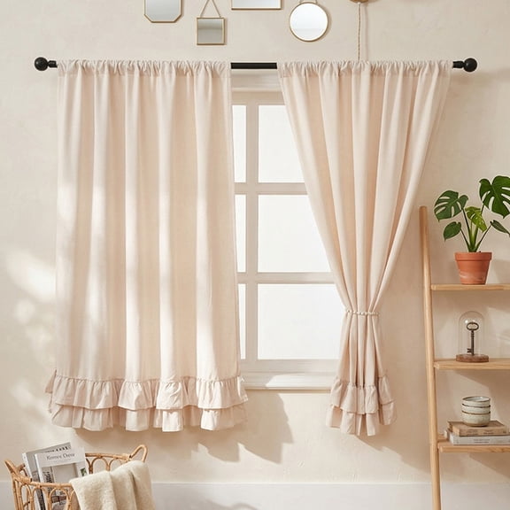 XmhyTop-A 2 Pcs Rod Pocket Farmhouse Ruffle Curtains, 130150cm Light Filtering Decorative Ruffle Drapes, Rustic Window Curtain Set for Bedroom Living Room Farm Home Decoration,Beige White