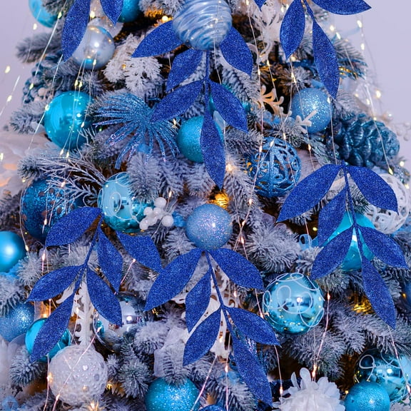 XmhyTop-A 24 Pcs Blue Christmas Decor, Fake Gold Leaf Magnolia Leaves Glitter Stems Tree