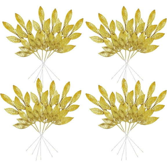 XmhyTop-A 24 Pcs Gold Christmas Decor, Fake Gold Leaf Magnolia Leaves Glitter Stems Tree