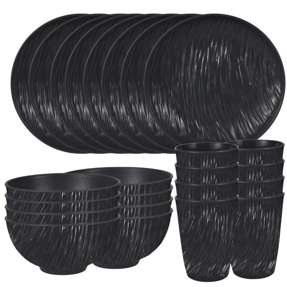 XmhyTop-A 24-Piece Reusable Plastic Plates Bowls Cups Set Heavy Duty Tableware for Picnic Camping Beach,Outdoor Dinnerware,Dark Grey