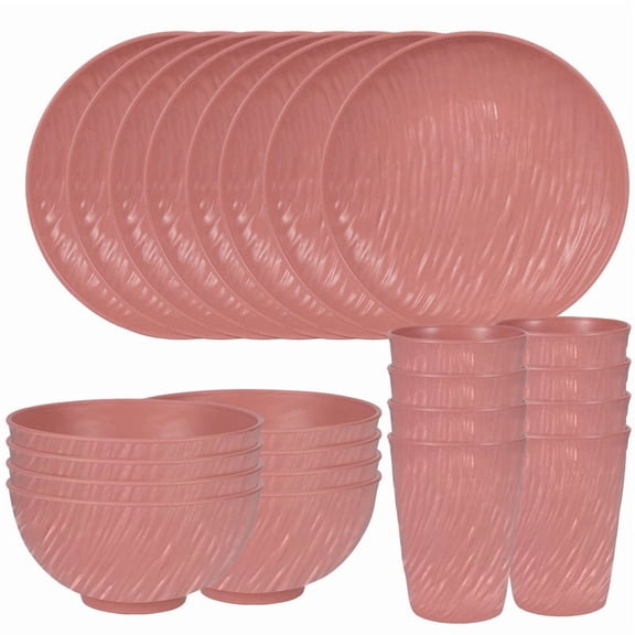 XmhyTop-A 24-Piece Reusable Plastic Plates Bowls Cups Set Heavy Duty Tableware for Picnic Camping Beach,Outdoor Dinnerware,Pink