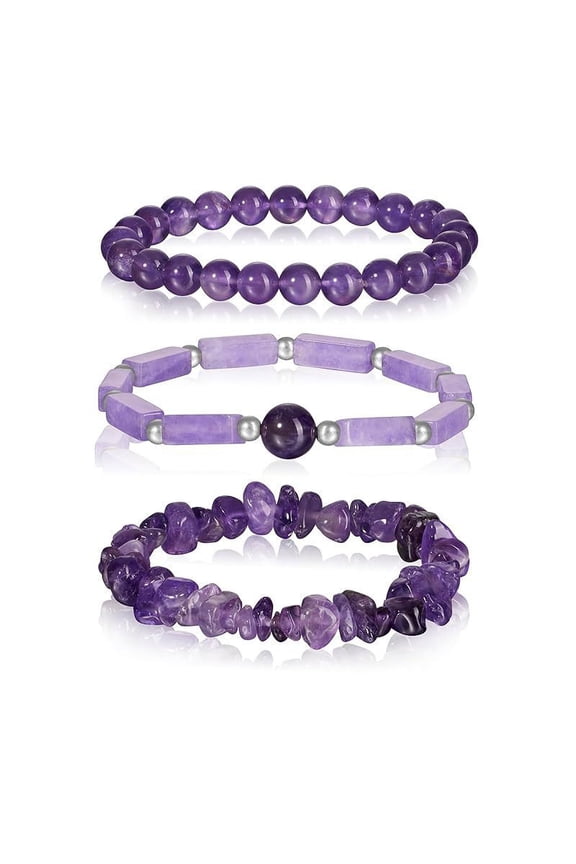 -A 3Pcs Stackable Stone Bracelets Beaded Bracelets, Natural Crystal Bracelet Set,Purple
