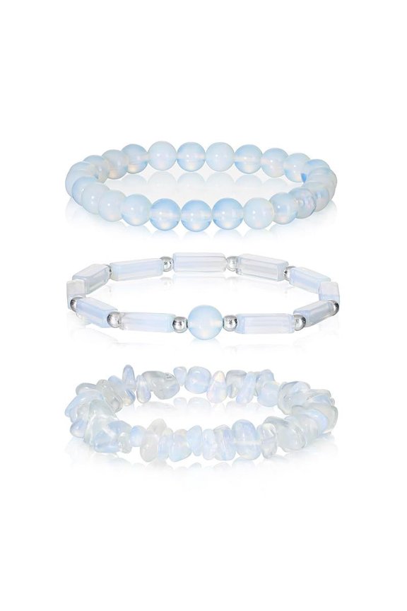 -A 3Pcs Stackable Stone Bracelets Beaded Bracelets, Natural Crystal Bracelet Set,White