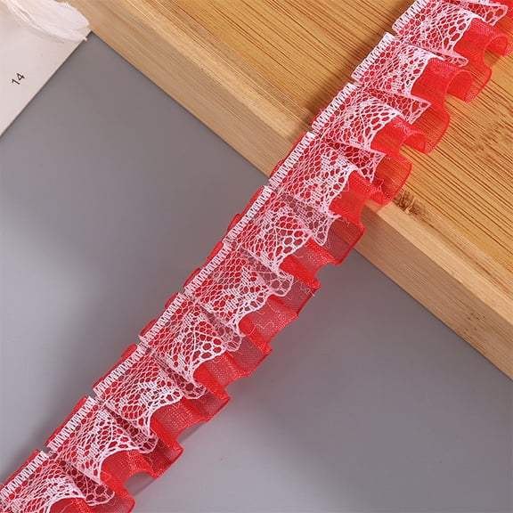 XmhyTop-A 43 Yards Double-Layer Pleated Lace Trim Ruffle Edging for DIY Sewing, Costume Pillow Decor,Red