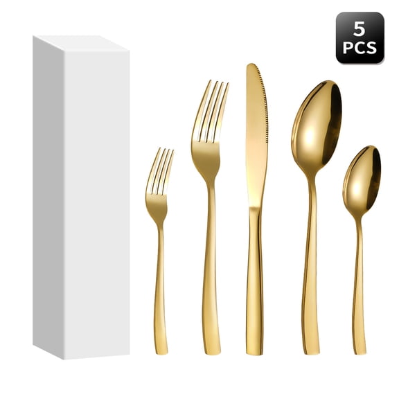 XmhyTop-A 5-Piece Stainless Steel Flatware Set Dinner Fork, Knife, Soup Spoon Teaspoon for Formal Casual Dining,Gold