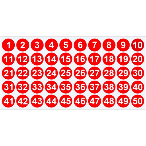 XmhyTop-A 5 Sheets Consecutive Number Stickers 2.5cm Round Self-Adhesive Number Labels 1-50, Coding Inventory Labels,Round Number Stickers,Red