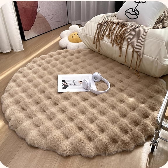 XmhyTop-A 60cm Faux Fur Round Rug Ultra Soft Plush Circle Carpet for Bedroom, Living Room Decor,Light Khaki