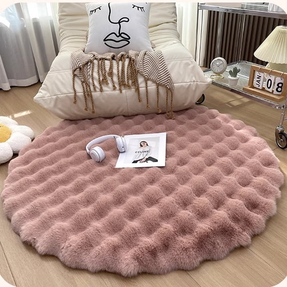 XmhyTop-A 60cm Faux Fur Round Rug Ultra Soft Plush Circle Carpet for Bedroom, Living Room Decor,Pink