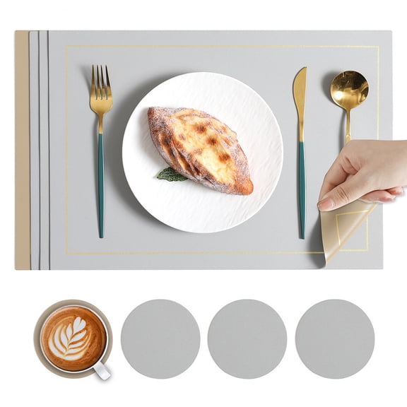 XmhyTop-A 8-Pack Faux Leather Placemats and Coasters Set, Non Slip Heat Resistant Table Mats for Kitchen & Dining, 43*30cm Modern Placemats Coasters,Style C,Grey+Khaki