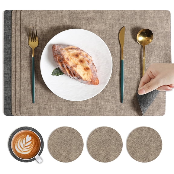 XmhyTop-A 8-Pack Faux Leather Placemats and Coasters Set, 43x30cm Non-Slip Washable Kitchen Dining Table Mats,Style A,Light Brown+Dark Grey