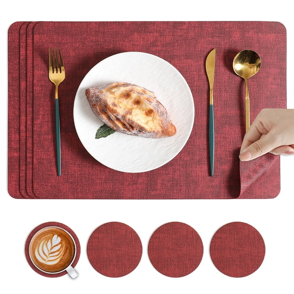 XmhyTop-A 8-Pack Faux Leather Placemats and Coasters Set, 43x30cm Non-Slip Washable Kitchen Dining Table Mats,Style B,Red