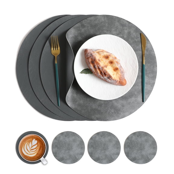 XmhyTop-A 8-Pack Round Placemats and Coasters Set, 33x33cm Non-Slip Wipeable Faux Leather Place Mats for Kitchen Dining Table,Style B,Grey