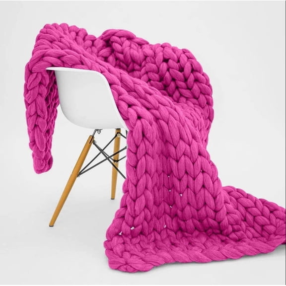 XmhyTop-A 80x80cm Chunky Knitted Throw Blanket Handmade Stretch Knit Blanket for Sofa, Bed, Chair, Soft Warm Decorative Blanket,Dark Pink