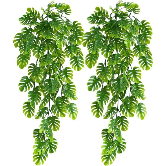 XmhyTop-A Artificial Hanging Plants 2 Pack, Fake Hanging Monstera Leaves Ivy Vine Faux Greenery Tropical Palm Leaves Outdoor Hanging Plants UV Resistant Jungle Leaf Plant