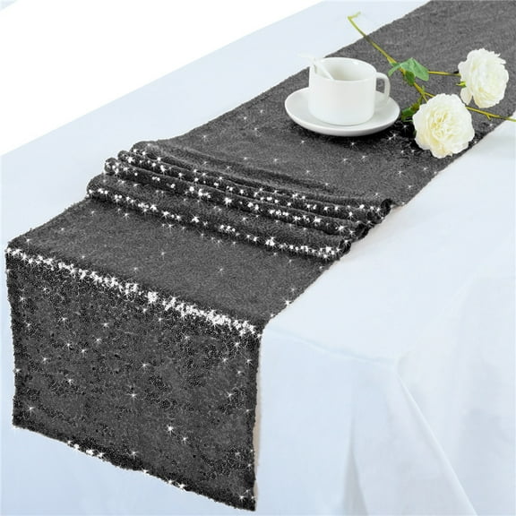 XmhyTop-A Black Table Runner 30x275cm Table Linen Glitter Wedding Decor, High Density Sequin for Home Party, 1 Piece