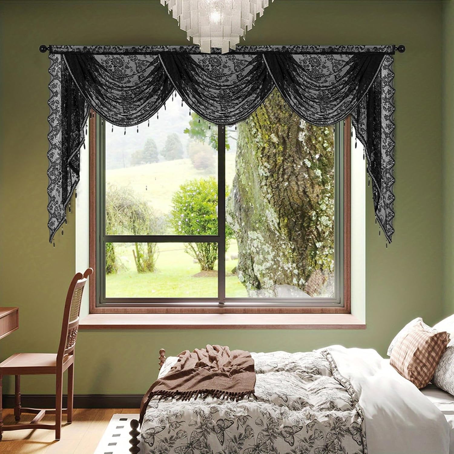 XmhyTop-A Black Window Valance 250x105cm, 1 Piece Bead Tassels Floral Semi Sheer Rod Pocket Valance Curtains, Decorative Lace Valance for Home