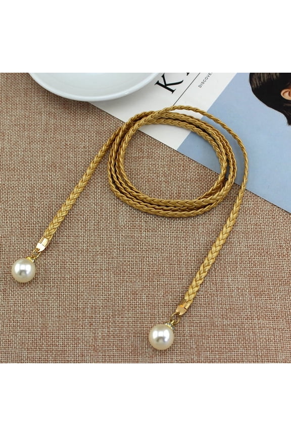 -A Boho Fringe Waist Belt Braided PU Leather Rope Belt, Skinny Tie Long Waist Chain for Dress Skirt, Adjustable,Gold