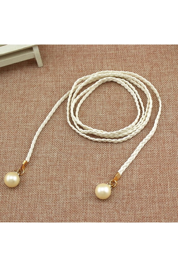-A Boho Fringe Waist Belt Braided PU Leather Rope Belt, Skinny Tie Long Waist Chain for Dress Skirt, Adjustable,White