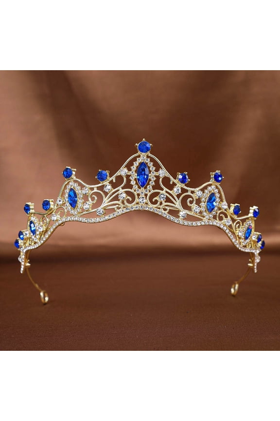 -A Bridal Hair Accessories 1PC Elegant Wedding Headband Bride Accessory with Rhinestones,Gold Blue