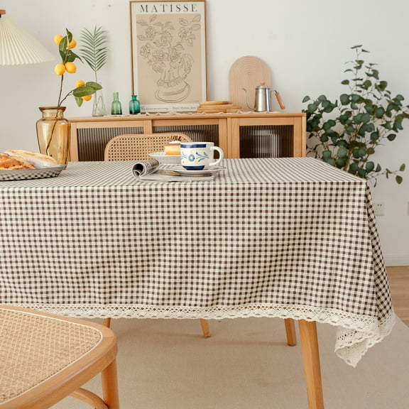 XmhyTop-A Brown Checkered Small Fresh Countryside Style Tablecloth, Home Tea Table Cover, Crochet Lace (260 * 140cm)