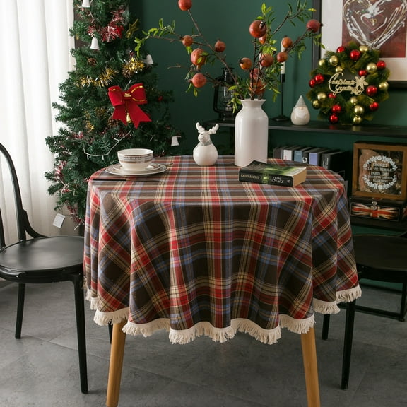 XmhyTop-A Christmas Day Decorative Table Fabric Retro Striped Grid Cotton and Hemp Restaurant Party Cover Circular Tablecloth (Brown, 90cm)