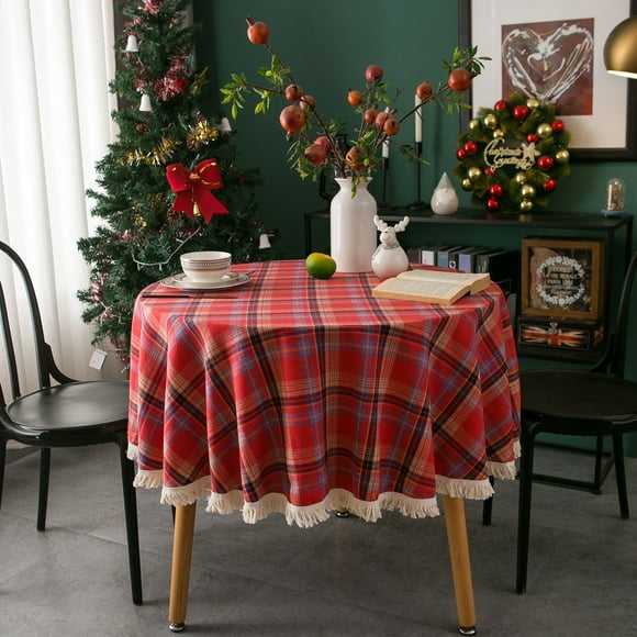 XmhyTop-A Christmas Day Decorative Table Fabric Retro Striped Grid Cotton and Hemp Restaurant Party Cover Circular Tablecloth (red, 90cm)