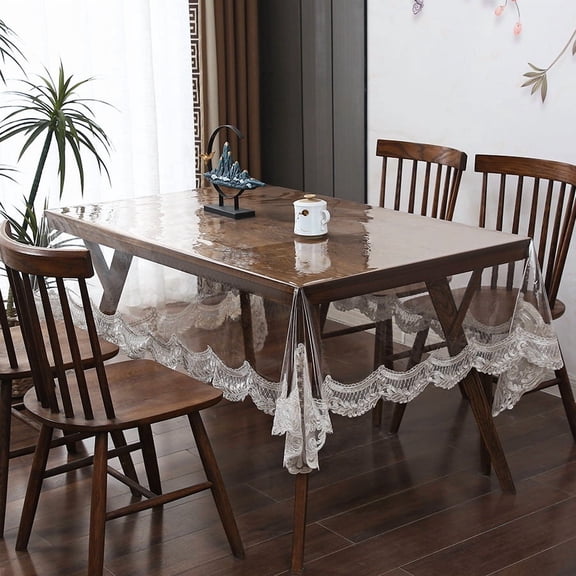 XmhyTop-A Clear PVC Tablecloth Diameter 150cm Round Table Cover with Decorative Lace Border for Holiday Party Kitchen,T11