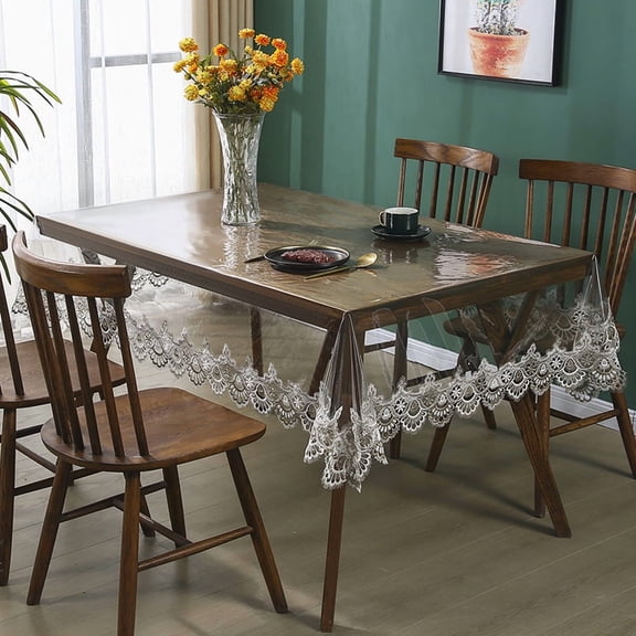 XmhyTop-A Clear PVC Tablecloth Diameter 150cm Round Table Cover with Decorative Lace Border for Holiday Party Kitchen,T14