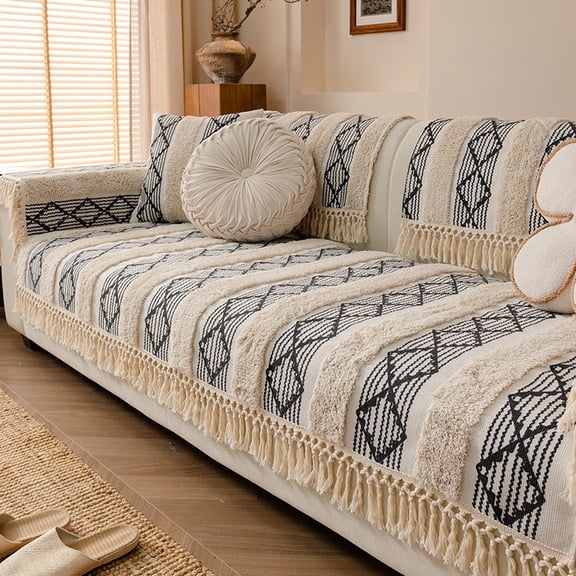 XmhyTop-A Cotton Linen Sofa Cover 90x180cm Tufted Tassel Throw Blanket, Non Slip Couch Protector, Dog Proof Furniture Cover,C01