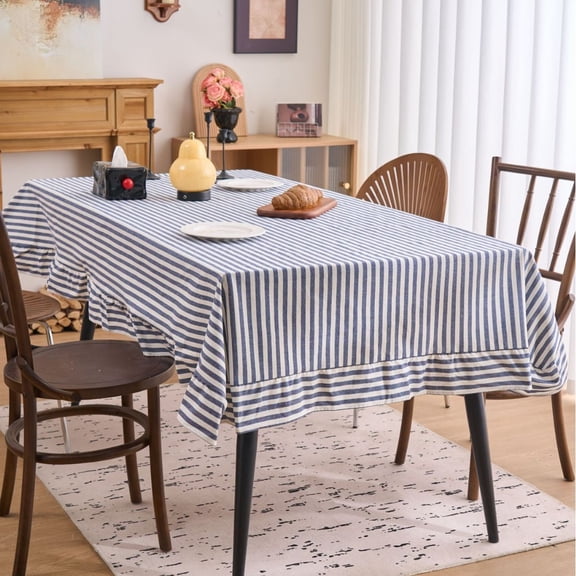 XmhyTop-A Farmhouse Ruffle Tablecloth Striped Tablecloth Cotton Linen Blend Table Cover with Flounces Trim, Rustic Striped Ruffle Tablecloth for Dining Room, 140x140cm,Style B,Blue