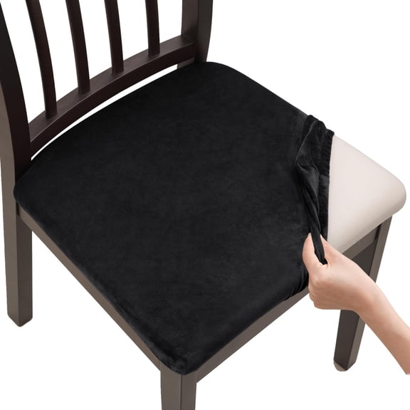XmhyTop-A Faux Silver Fox Fur Dining Chair Slipcover Stretchable Chair Cushion Cover with Anti-Slip Bottom, Faux Fur Seat Protector,2 pcs,Black