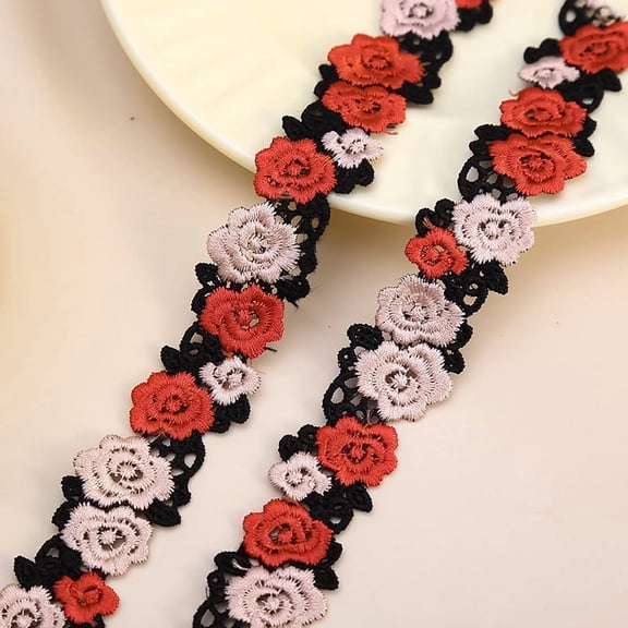 XmhyTop-A Floral Sewing Lace Ribbon 15 Yards, Lace Trim for Wedding Decor DIY Craft, Polyester Lace Trim,4cm Wide,Red Black