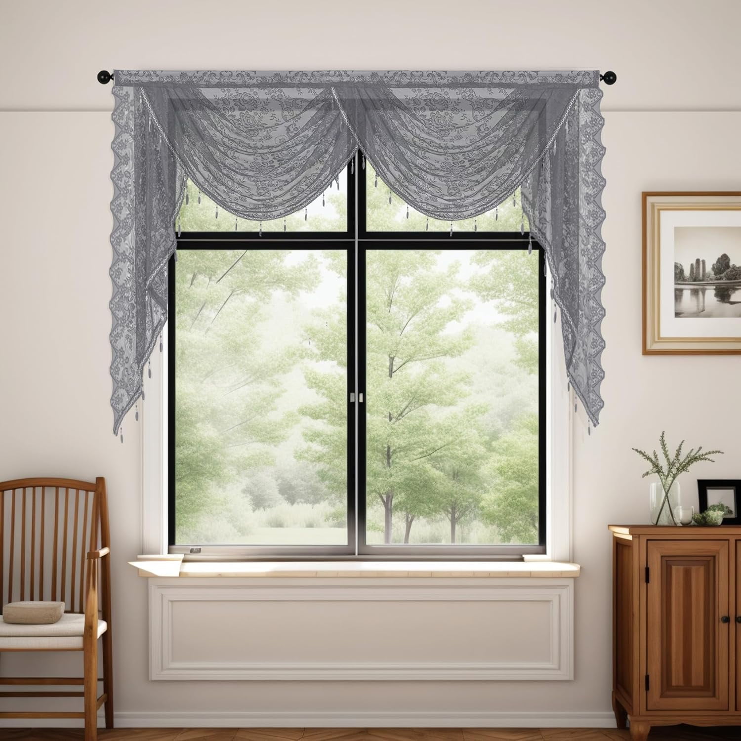 XmhyTop-A Grey Window Valance 150x105cm, 1 Piece Bead Tassels Floral Semi Sheer Rod Pocket Valance Curtains, Decorative Lace Valance for Home
