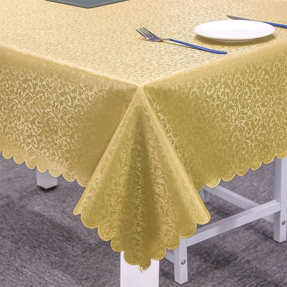 XmhyTop-A Heavy Duty Tablecloth 152x152cm, Square Jacquard Waterproof Table Cover, Indoor Dining Room PVC Tablecloth, 1-Piece Wipeable Formal Table Cover,Style C,Gold