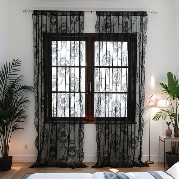 XmhyTop-A Lace Curtain 2 Pieces 140x100cm Lace Window Curtains Decorative for Home & Kitchen,Black