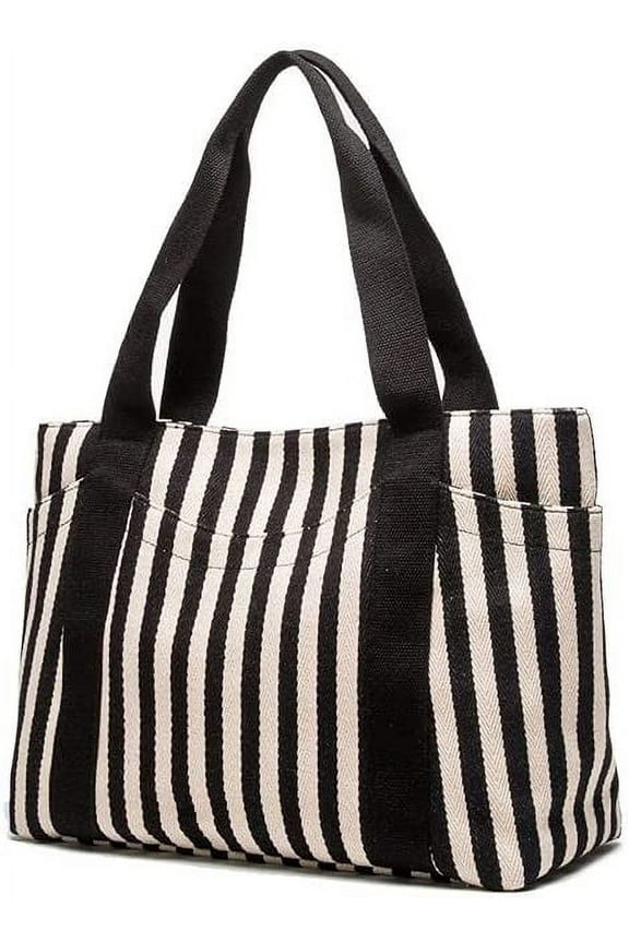 -A Medium Tote Handbag Black & White Striped Daily Satchel Shoulder Purses with Multi-Pockets Canvas Vaction Work Tote with Zipper Spring Summer Beach Bag Gifts for Womens (M Black+White)