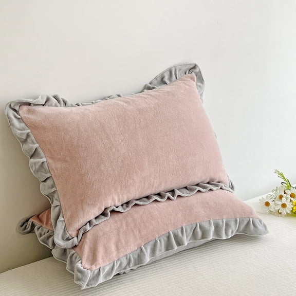 XmhyTop-A Milk Velvet Ruffled Pillowcases 2 Pcs 48x74cm Luxury Bedding Pillow Shams, Soft Decorative Pillow Covers,Pink Grey