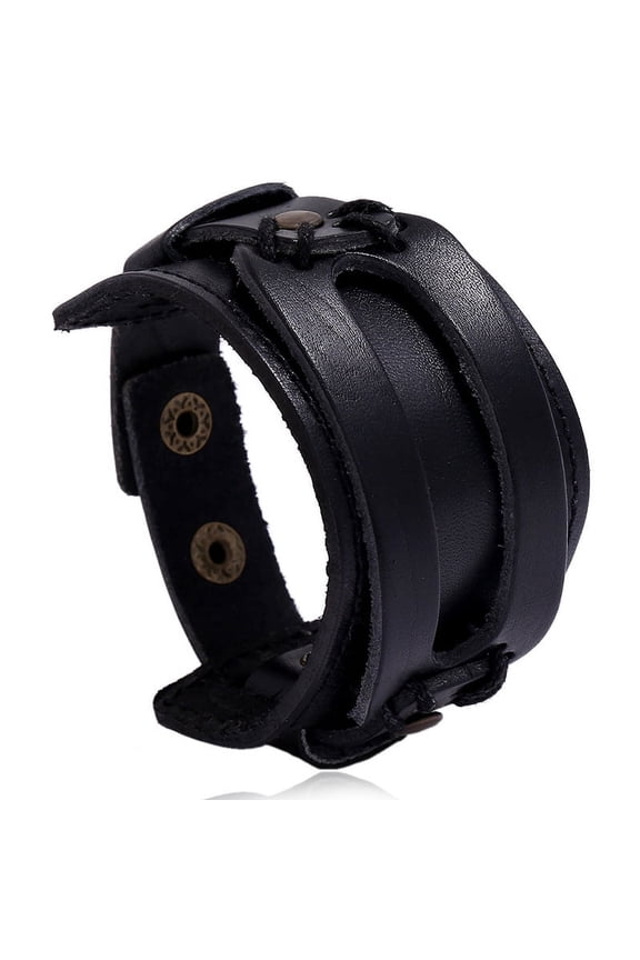 -A Punk Leather Cuff Bracelet, Adjustable Wide Leather Bangle with Bold Design-1 Piece,Black