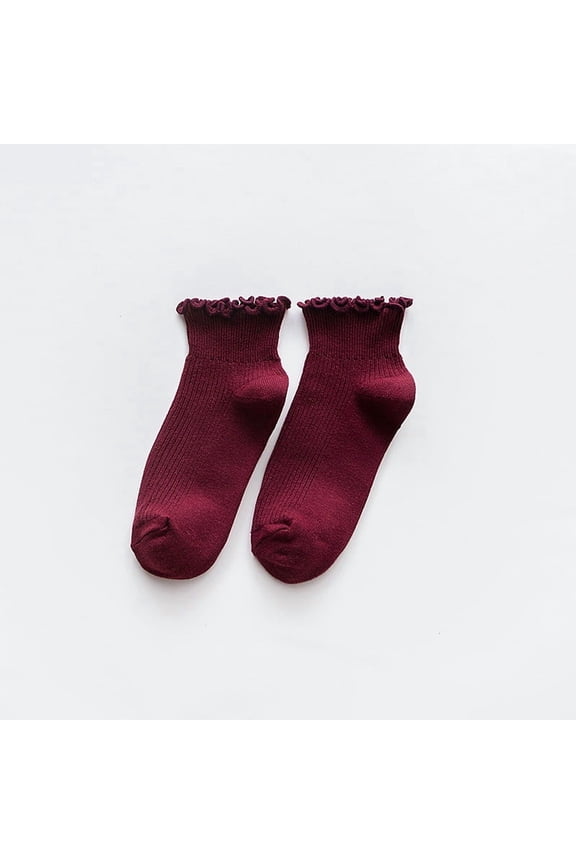 -A Ruffle Ankle Socks - Dark Red, 5 Pairs, One Size, Cute Ruffle Socks for Daily Wear, Bulk Cute Ankle Socks Pack