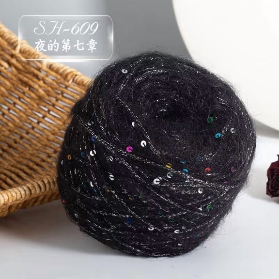 XmhyTop-A Shiny Sequin Mohair Yarn 50g Soft Fluffy Polyester Yarn with Sparkly Sequins for Knitting Scarves Sweaters, Crochet Craft, DIY Fashion,Black