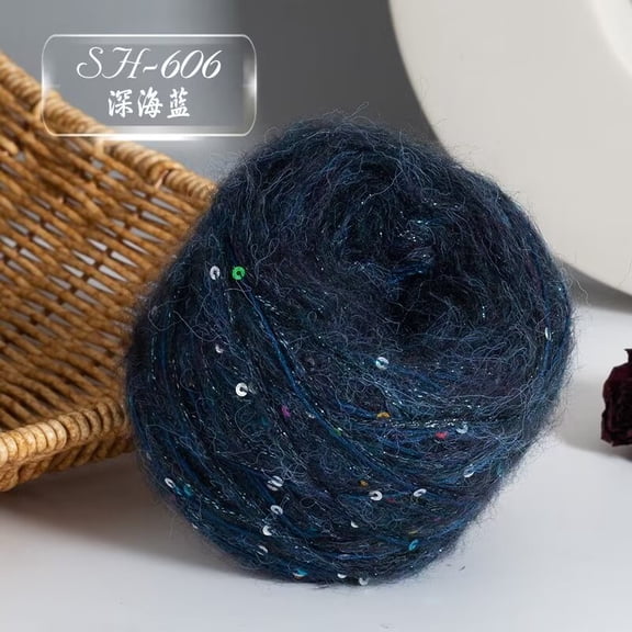 XmhyTop-A Shiny Sequin Mohair Yarn 50g Soft Fluffy Polyester Yarn with Sparkly Sequins for Knitting Scarves Sweaters, Crochet Craft, DIY Fashion,Dark Blue