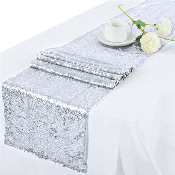 XmhyTop-A Silvery Table Runner 30x275cm Table Linen Glitter Wedding Decor, High Density Sequin for Home Party, 1 Piece